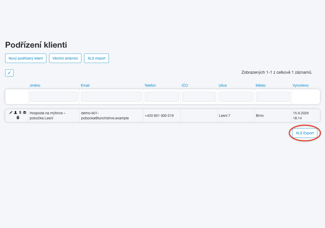 Tlačítko XLS Export pod seznamem podřízených klientů